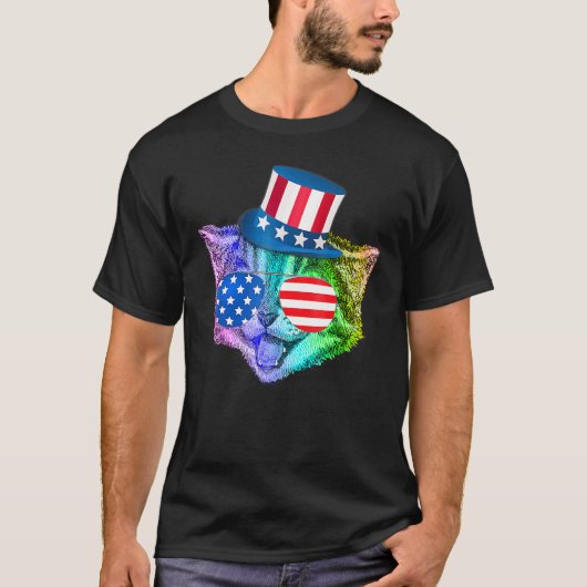 アメリカ国旗 レインボーキャット 7月4日 Tシャツ (正面)
