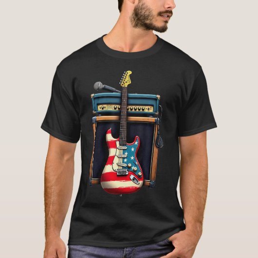 アメリカ国旗 ロックギター Tシャツ (正面)