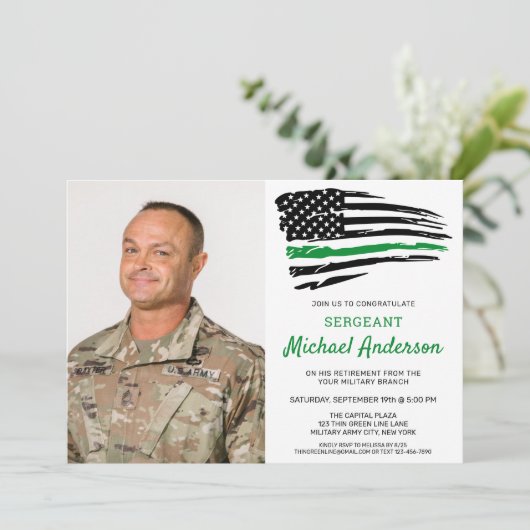 アメリカ国旗 写真 軍事 緑の細線 退役 招待状 (スタンド正面)