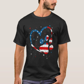 アメリカ国旗 愛国心 ドッグ＆キャット 足跡 7月4日 Tシャツ