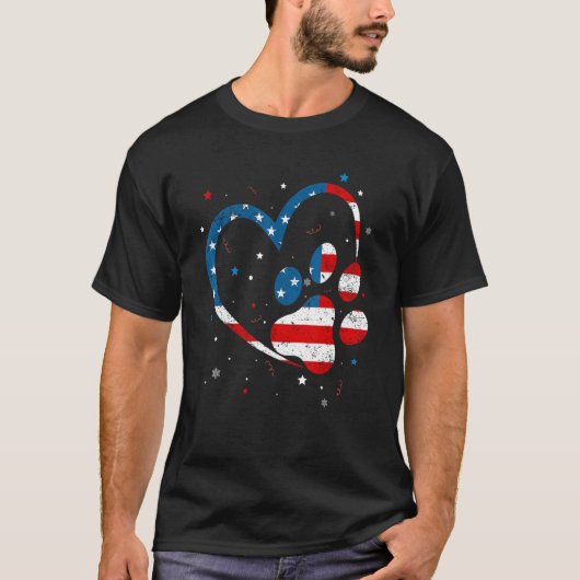 アメリカ国旗 愛国心 ドッグ＆キャット 足跡 7月4日 Tシャツ (正面)