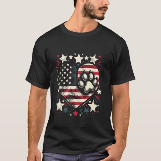 アメリカ国旗 愛国的な犬と猫の肉球 7月4日 Tシャツ (正面)