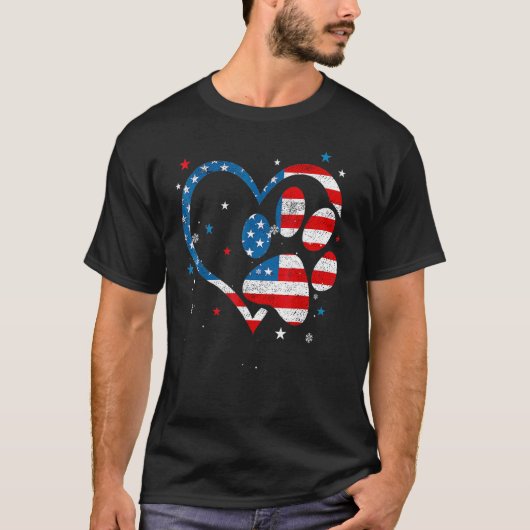 アメリカ国旗 愛国的な犬と猫の足あと 7月4日 Tシャツ (正面)