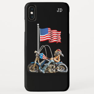 アメリカ国旗、旧バイクもしくは自転車に乗る人、 iPhone XS MAXケース