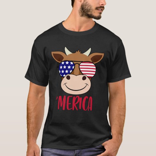 アメリカ国旗 牛の顔 7月4日 アメリカ サングラス Tシャツ (正面)