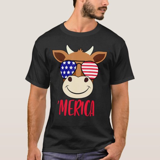アメリカ国旗 牛の顔 7月4日 アメリカ サングラス Tシャツ (正面)