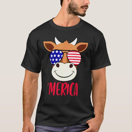 アメリカ国旗 牛の顔 7月4日 サングラス Tシャツ (正面)