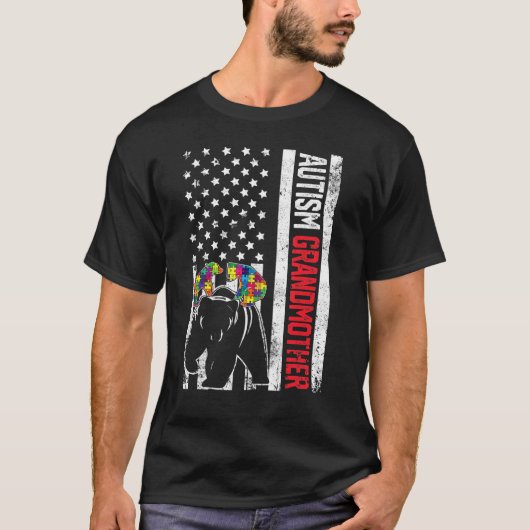 アメリカ国旗 祖母 ベア オティズム啓発 ファ Tシャツ (正面)