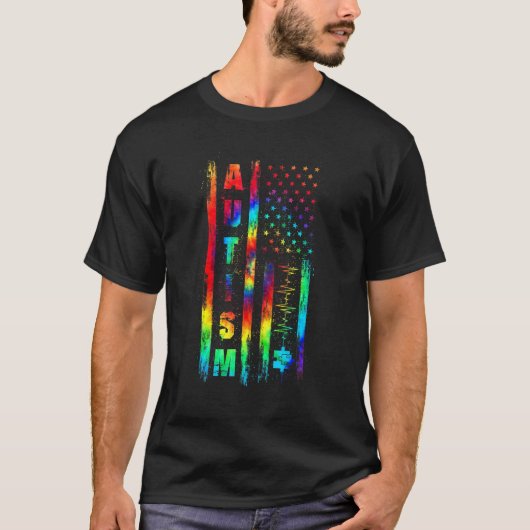 アメリカ国旗 自閉症啓発 タイ・ダイ パズル ティーシー Tシャツ (正面)
