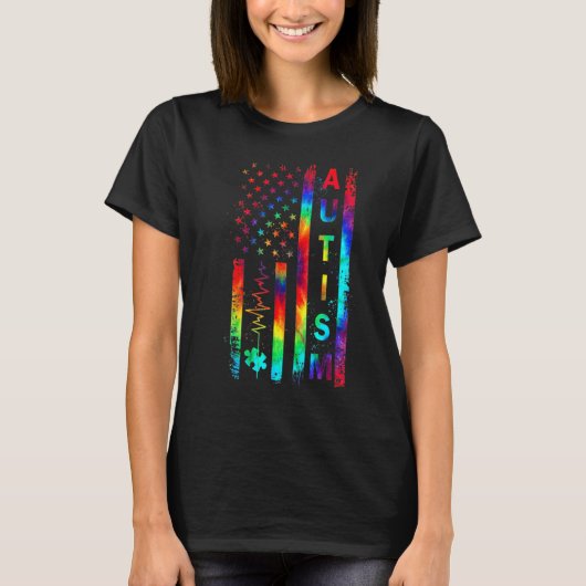 アメリカ国旗 自閉症啓発 教師 母のサポート Tシャツ (正面)