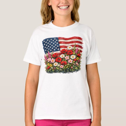 アメリカ国旗 花柄 Tシャツ (正面)