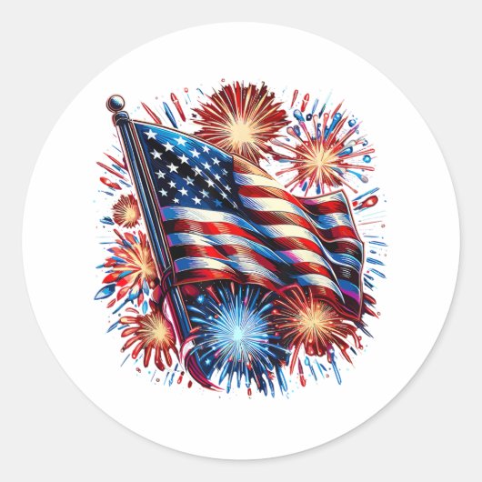 アメリカ国旗 花火 愛国 ラウンドシール (正面)