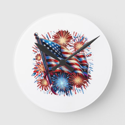 アメリカ国旗 花火 愛国 ラウンド壁時計 (正面)
