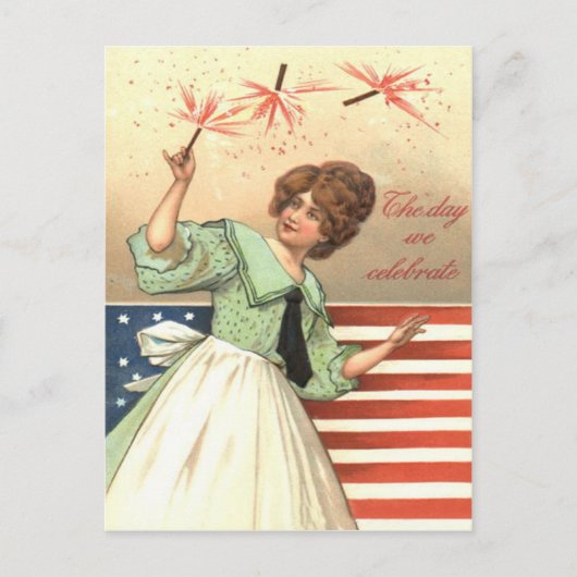 アメリカ国旗 花火 爆竹 女性 ポストカード (正面)