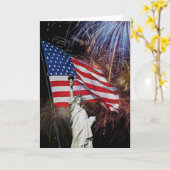 アメリカ国旗、花火、自由の女神 カード (黄色い花)
