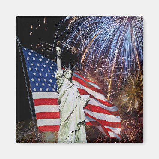 アメリカ国旗、花火、自由の女神 マグネット (正面)