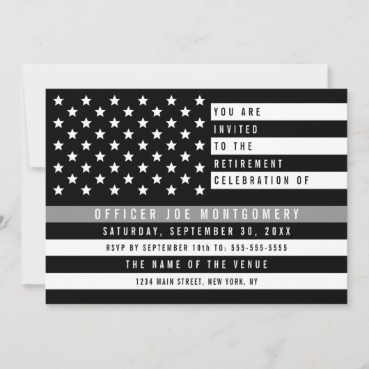 アメリカ国旗 薄い灰色のライン 退職祝い 招待状 (正面)