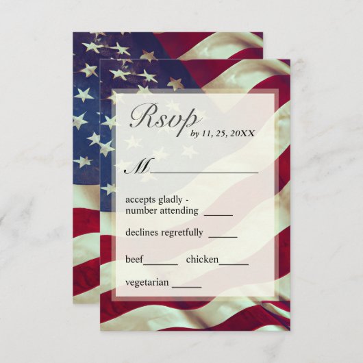 アメリカ国旗 赤 白 青 アメリカ愛国的な結婚式 出欠カード (正面/裏面)