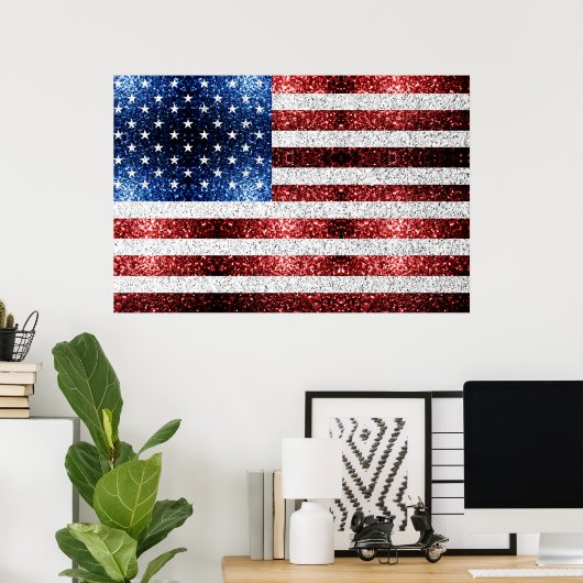 アメリカ国旗 赤 白 青 スパークル グリッター ポスター (ホームオフィス)