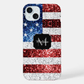 アメリカ国旗 赤 白 青 スパークル グリッター モノグラム iPhoneケース (裏面)