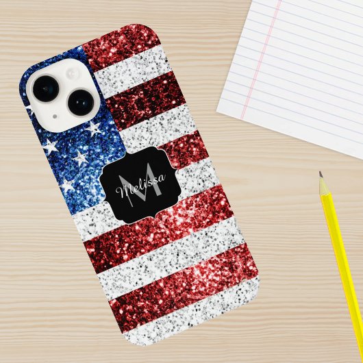 アメリカ国旗 赤 白 青 スパークル グリッター モノグラム iPhoneケース