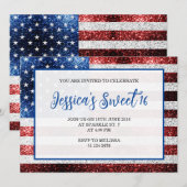 アメリカ国旗 赤 青 キラキラ スイート16 エレガント スクリプト 招待状 (正面/裏面)