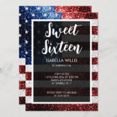 アメリカ国旗 赤 青 白 キラキラ スイート16 エレガント 招待状 (正面/裏面)
