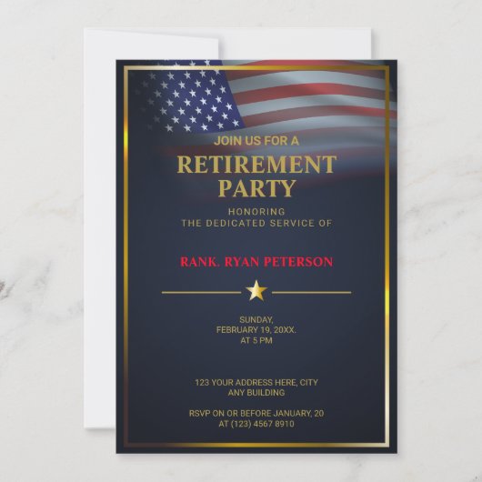 アメリカ国旗 | 透過 | ゴールドフレーム | ラグジュアリー ブルー 招待状 (正面)