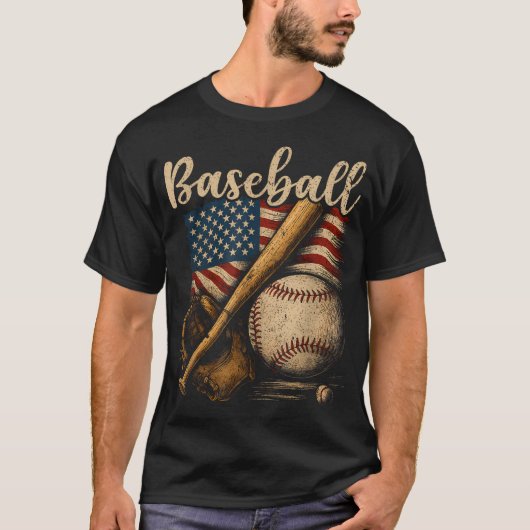 アメリカ国旗 野球選手 ピッチャー ベースボール Tシャツ (正面)