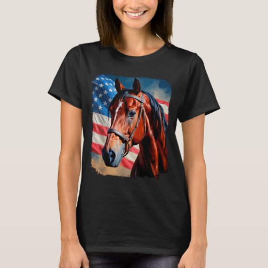 アメリカ国旗 馬 愛国心 7月4日 Tシャツ (正面)