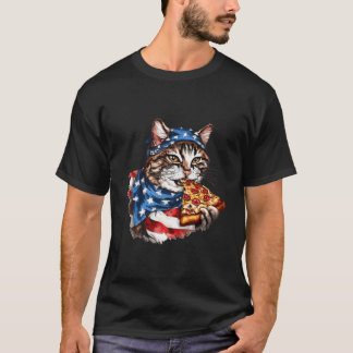 アメリカ国旗 7月4日 愛国的な猫がピザを食べる Tシャツ