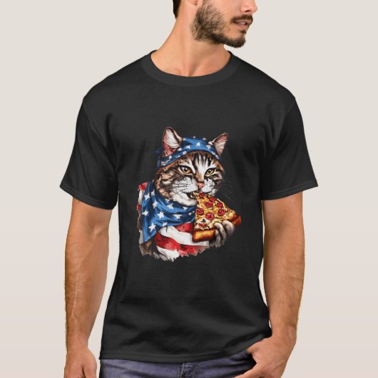 アメリカ国旗 7月4日 愛国的な猫がピザを食べる Tシャツ (正面)