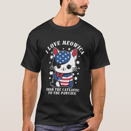アメリカ国旗 7月4日 "I Love Meowica" 猫 Tシャツ (正面)