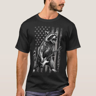 アメリカ国旗+USAフラグ+ユーモラスなアライグマのギター演奏 Tシャツ