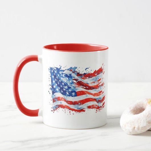 アメリカ国旗 USA 水彩 7月4日 マグカップ (ドーナツ)