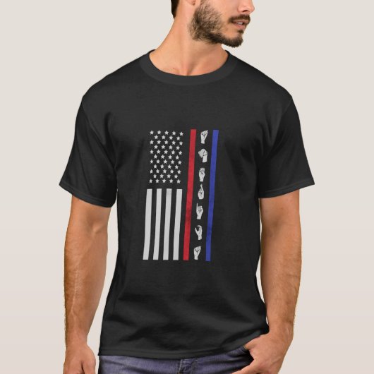 アメリカ国旗ASLおもしろいアメリカ手話Ame Tシャツ (正面)