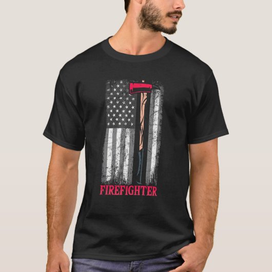 アメリカ国旗Ax薄い赤線パトリオット消防士 Tシャツ (正面)