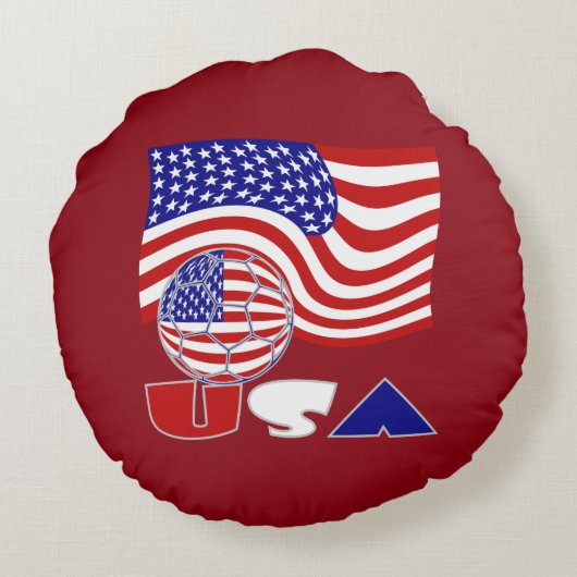 アメリカ国旗USAサッカーボール赤い背景 ラウンドクッション (裏面)