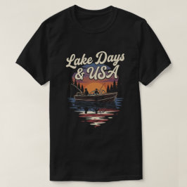 アメリカ国旗USA: 湖の日愛国的な釣り船 Tシャツ