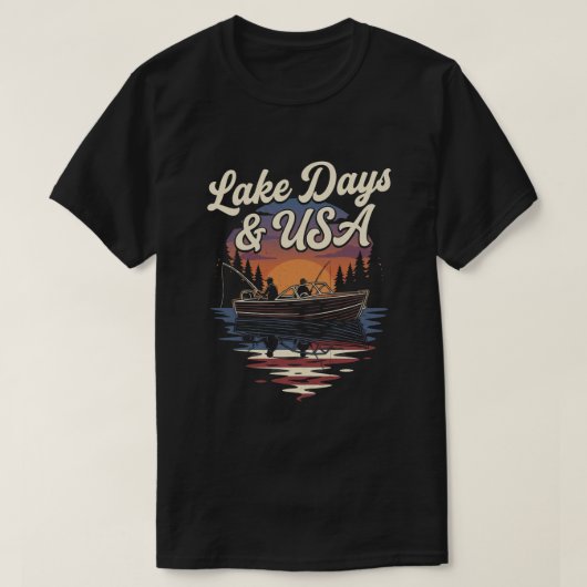 アメリカ国旗USA: 湖の日愛国的な釣り船 Tシャツ (デザイン正面)