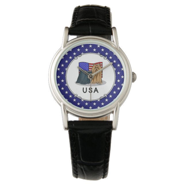 アメリカ国旗Yorkshire Terrier (ヨークシャーテリア)犬 腕時計 (正面)