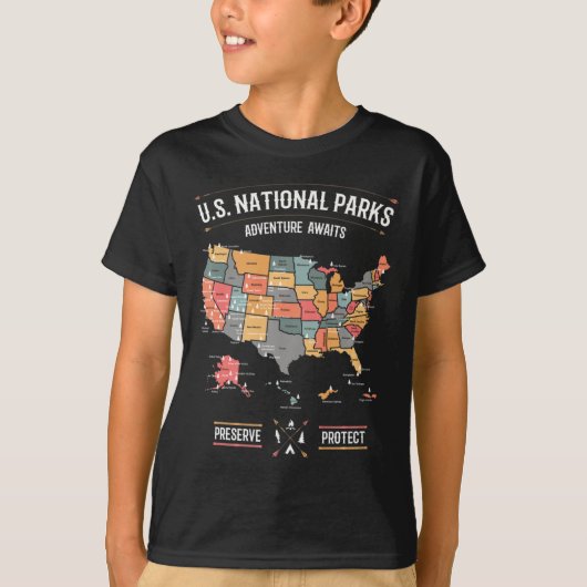 アメリカ国立公園マップ 保護 自然保護 ハイキング キャンプ Tシャツ (正面)