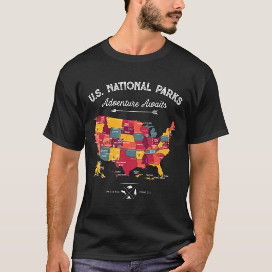 アメリカ国立公園62地図ギフト アメリカ 国立公園 ビンテージ キャンプ Tシャツ (正面)