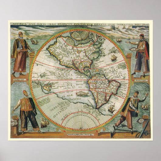 アメリカ大陸の古地図 1597年 ポスター (正面)