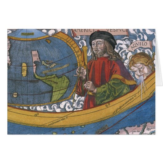 アメリカ大陸の地図と探検家アメリゴ・ヴェスプッチ (正面横)
