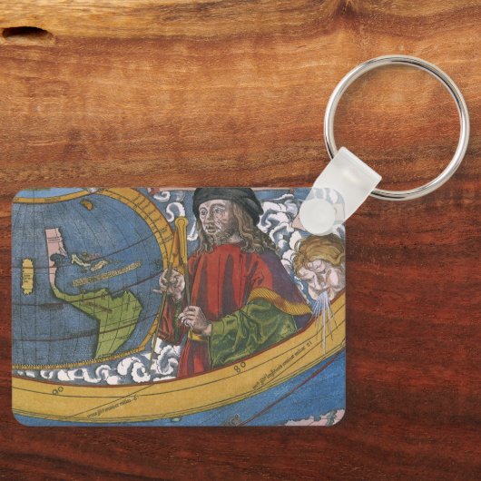アメリカ大陸の地図と探検家アメリゴ・ヴェスプッチ キーホルダー (正面)