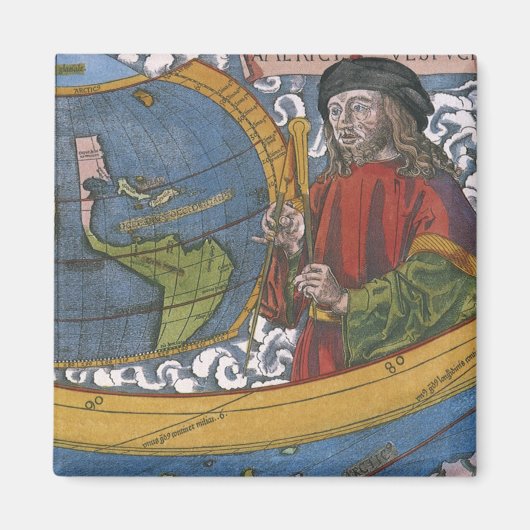 アメリカ大陸の地図と探検家アメリゴ・ヴェスプッチ マグネット (正面)