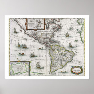 アメリカ大陸の地図、1631年(着色された版木、銅版、版画) ポスター