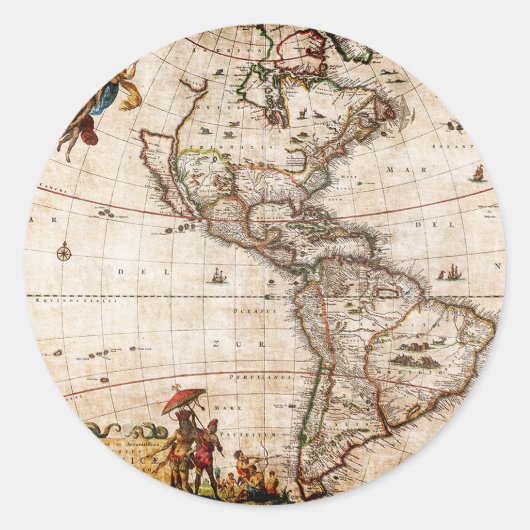 アメリカ大陸古地図 ラウンドシール (正面)