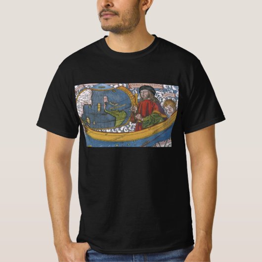 アメリカ大陸地図上の探検家アメリゴ・ヴェスプッチ Tシャツ (正面)